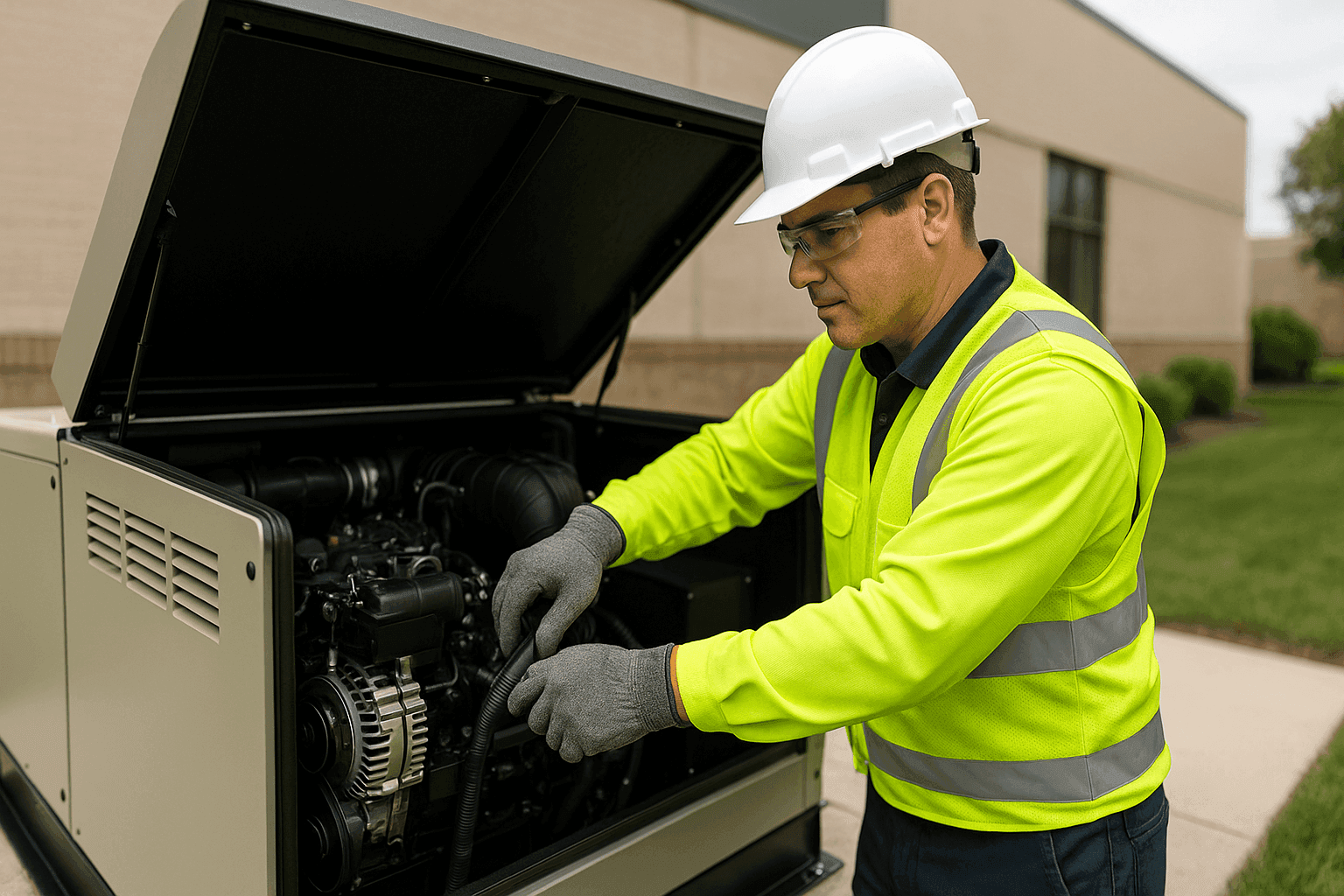 Electrician performing maintenance on a large standby generator outdoors