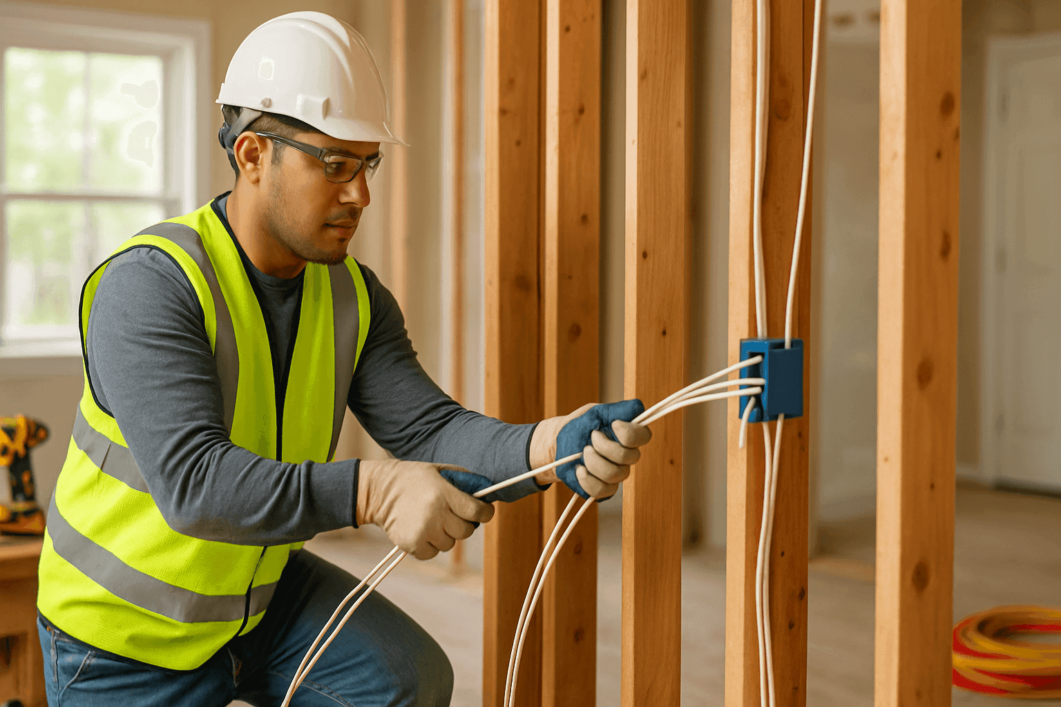 Electricista pasando cableado nuevo a través de la estructura de una pared