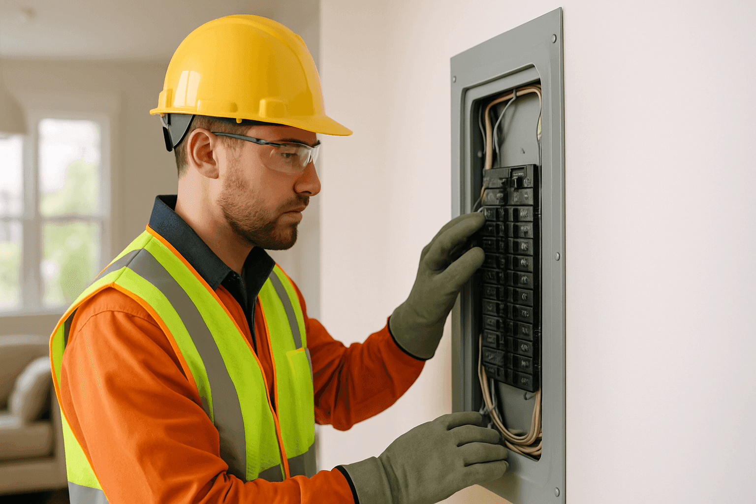 Technician inspecting a home's electrical panel for safety