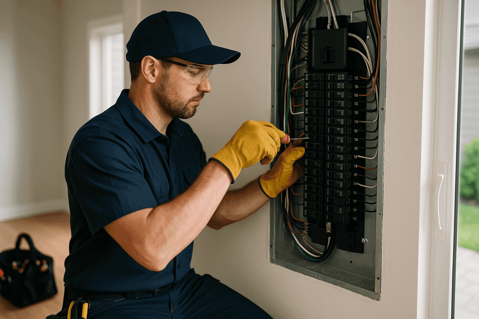 Electrician upgrading a home electrical panel with safety equipment
