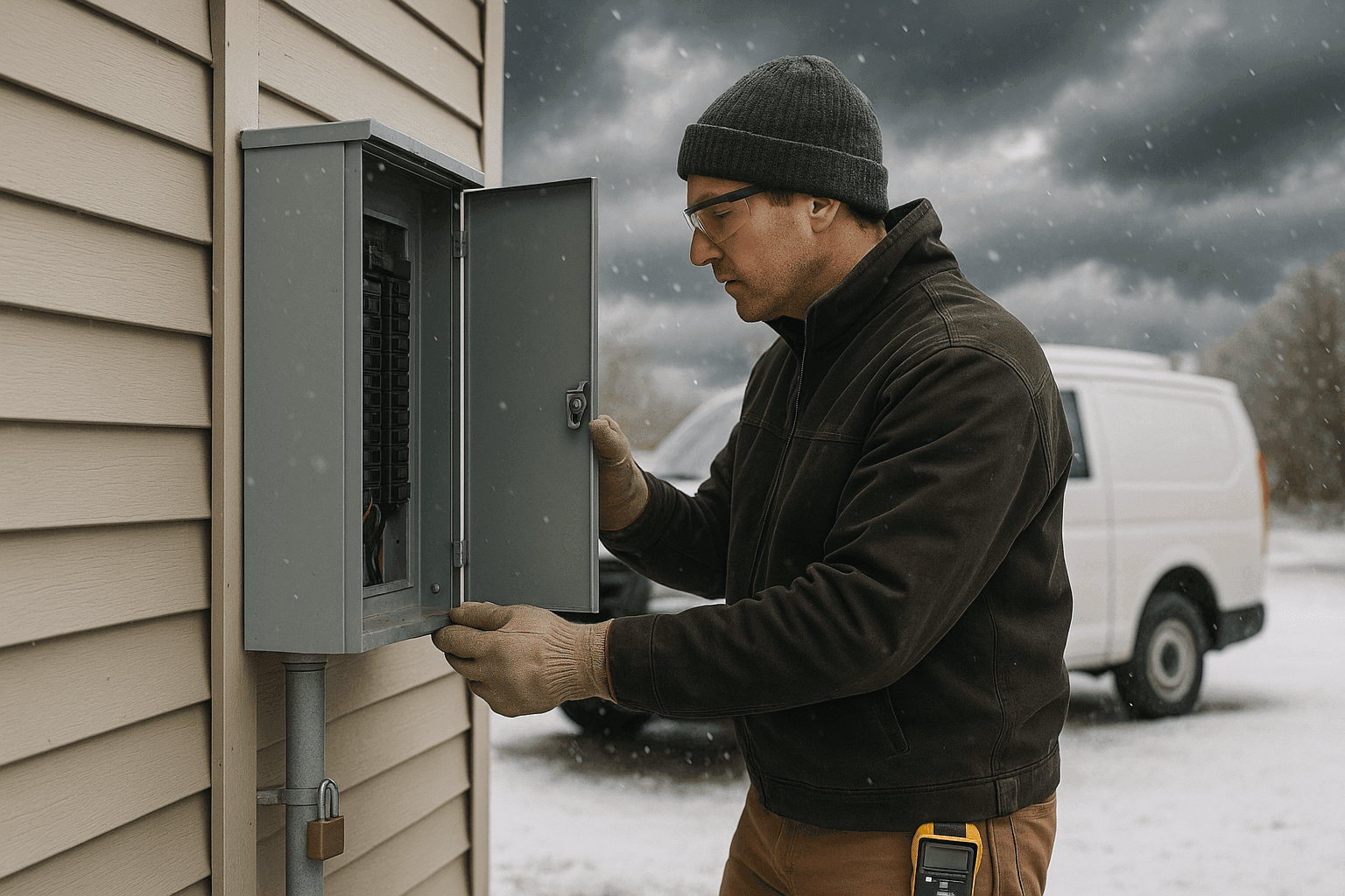 Homeowner checking outdoor electrical panel during winter storm preparation