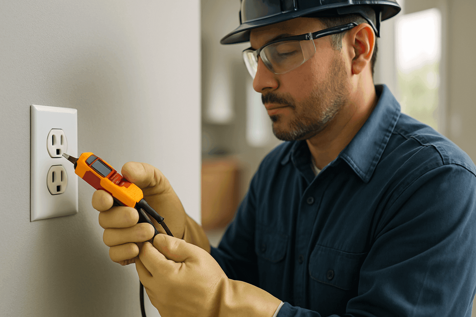 Electrician testing a wall outlet with a voltage tester